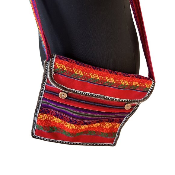 Handmade Multicolor Bohemian Red Shoulder Bag Button Crossbody Guatemalan - Picture 1 of 6